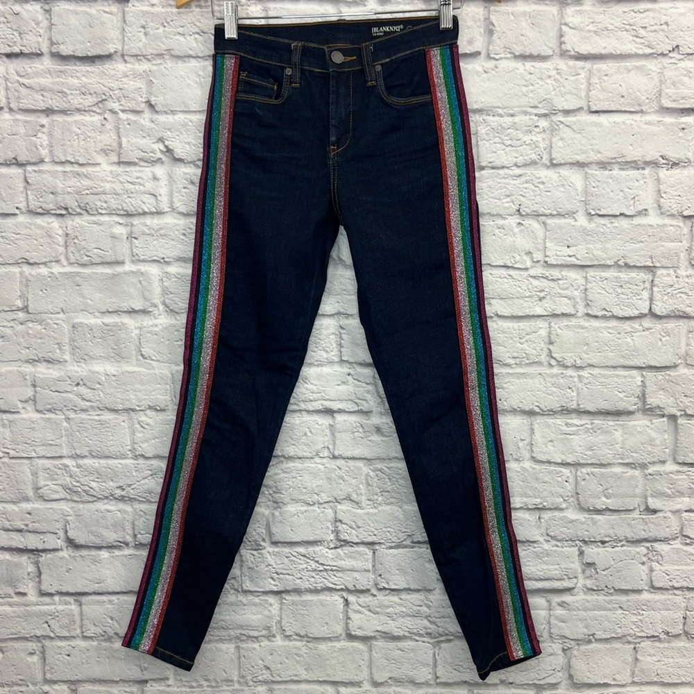 BLANK NYC DARK WASH THE BOND SKINNY BLUE JEANS WITH SPARKLE SIDE STRIPES SIZE 26